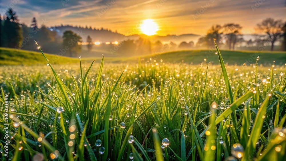 Obraz premium Serene grass field glistens with dewy water droplets, capturing the morning's tranquil beauty in a picturesque landscape of lush greenery and subtle shimmer.