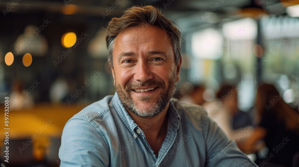 The Warmth of Contentment: A middle-aged man with kind eyes and a genuine smile radiates quiet confidence and satisfaction in a bustling cafe setting. The Warmth of Contentment: A middle-aged man with kind eyes and a genuine smile radiates quiet confidence and satisfaction in a bustling cafe setting.