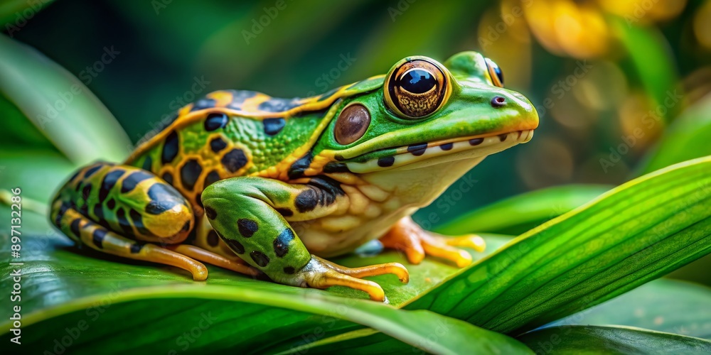 Vibrant green and yellow spotted wild frog perches on lush green plant leaves, showcasing its intricate skin patterns and large round eyes in serene environment. Vibrant green and yellow spotted wild frog perches on lush green plant leaves, showcasing its intricate skin patterns and large round eyes in serene environment.