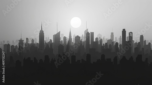 Silhouette of Cityscape With Sun In The Sky Illustration
