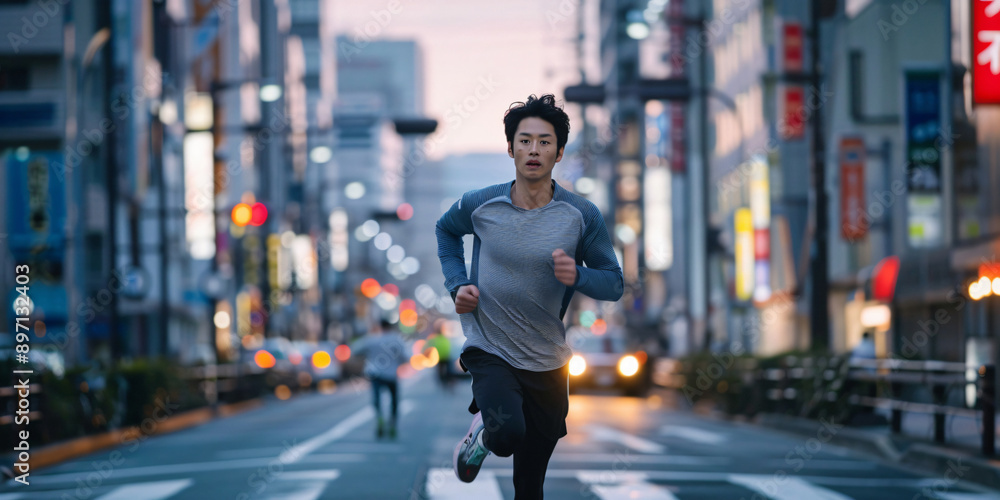 japanese man runs on a city street, with buildings in the background and blurry lights behind him. japanese man runs on a city street, with buildings in the background and blurry lights behind him.
