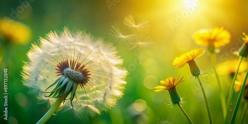 Delicate yellow petals and feathery leaves of a solitary dandelion flower sway gently in the breeze against a soft, blurred green bokeh background.