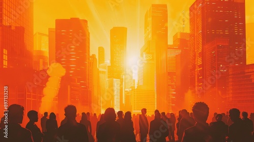 Silhouettes of people stand in awe as the sun rises over a futuristic cityscape, symbolizing hope, progress, community, unity, and a bright future.