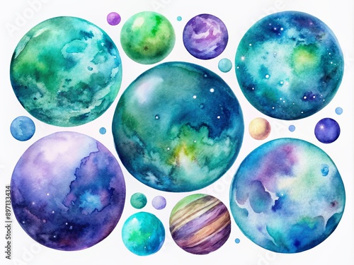 Vibrant watercolor planets in shades of blue, green, and purple floating in space on a transparent background, ideal for sublimation prints on t-shirts and postcards.