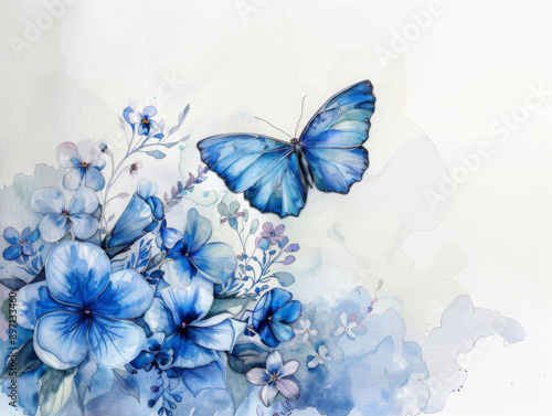 Watercolor Blue Butterfly with Wildflowers, Generative AI Illustration