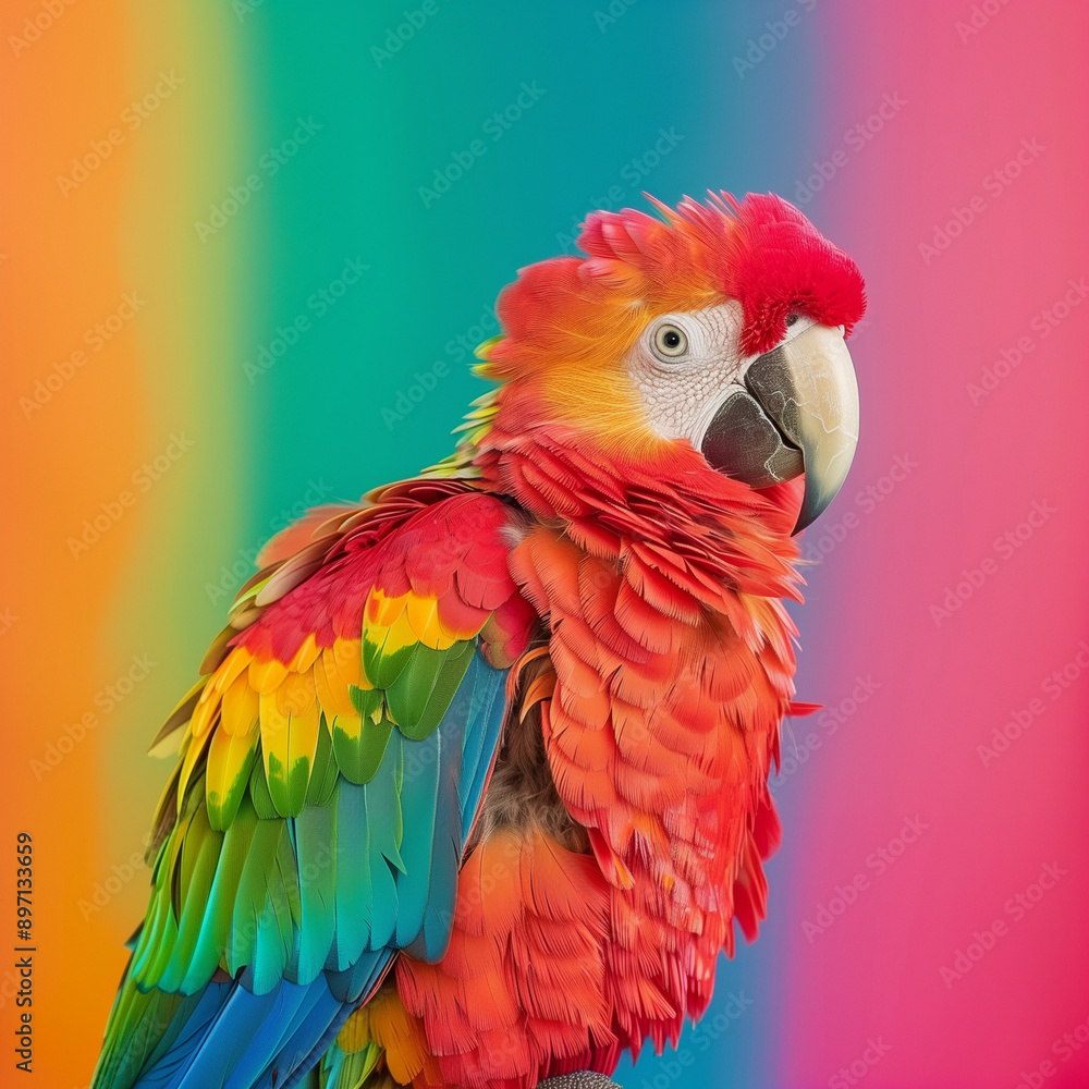 Obraz premium Studio Photo: Vibrant Parrot Against a Rainbow Background