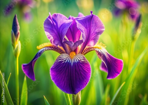 Vibrant purple iris flower blooms in a lush green meadow, its delicate petals unfolding like silk, majestic and elegant against a soft, serene background. photo