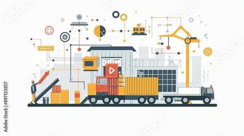 A visual representation of the complex network of logistics and supply chain management, encompassing transportation, warehouse facilities, technology, and human involvement.