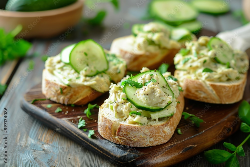 Bean spread and cucumber baguette appetizers being served on a wooden cutting board Bean spread and cucumber baguette appetizers being served on a wooden cutting board
