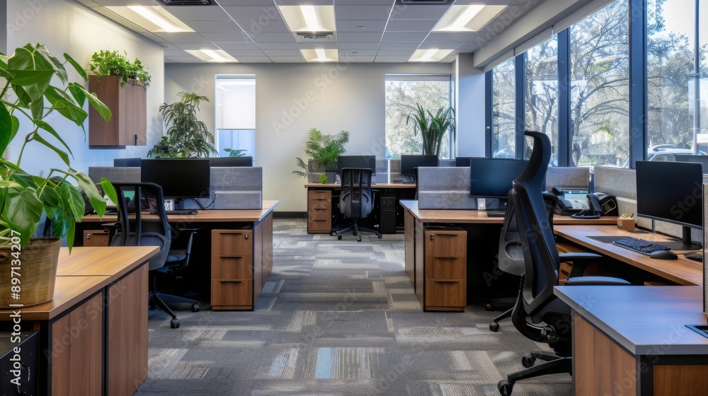 Modern office with natural light, workstations, computers, ergonomic chairs, and potted plants for a productive work environment Modern office with natural light, workstations, computers, ergonomic chairs, and potted plants for a productive work environment