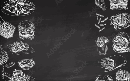 Hand-drawn monochrome sketches of street food, takeaway food, fast food, junk food on chalkboard background. Burgers,  chips, set. Great for menu.