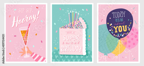 Quadro su tela Set of birthday postcards with confetti, balloons, cocktail, cake and hand writing