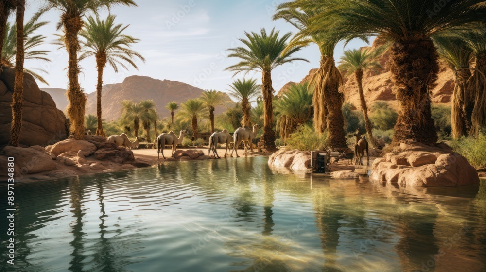 Photograph of a hidden desert oasis with lush palm trees surrounding a crystal-clear pool of water, with a small caravan of camels resting nearby Photograph of a hidden desert oasis with lush palm trees surrounding a crystal-clear pool of water, with a small caravan of camels resting nearby