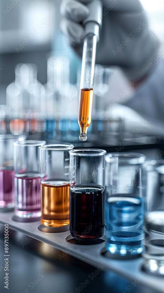 Closeup of a chemist mixing colorful chemicals in a lab. Closeup of a chemist mixing colorful chemicals in a lab.