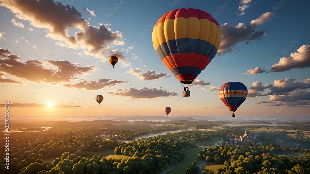 Naklejka premium Hot air balloons flying over a forest at sunrise.