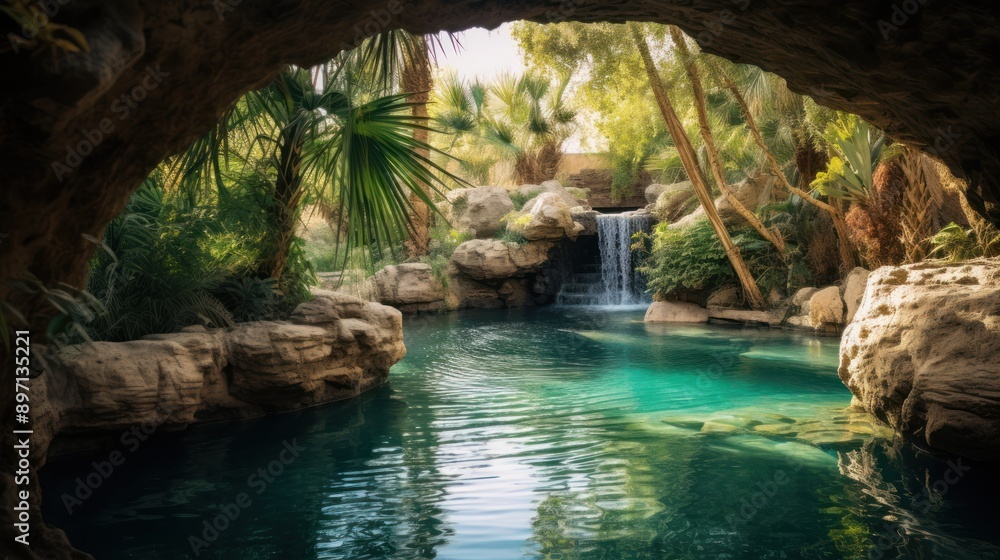 Naklejka premium photograph of a hidden turquoise oasis discovered by weary travelers, surrounded by lush greenery and exotic birdsong