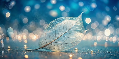 Delicate skeletonized white leaf stands out against soft light blue background, surrounded by subtle bokeh balls, creating a dreamy and ethereal artistic nature photograph.