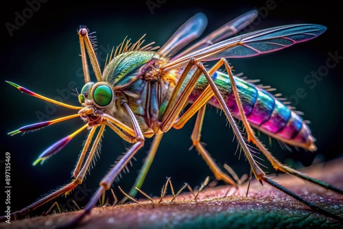 Vibrant, high-contrast, AI-generated macro photograph showcasing a mosquito's intricate body details, emphasizing its slender proboscis and delicate, lace-like wings in sharp focus. photo