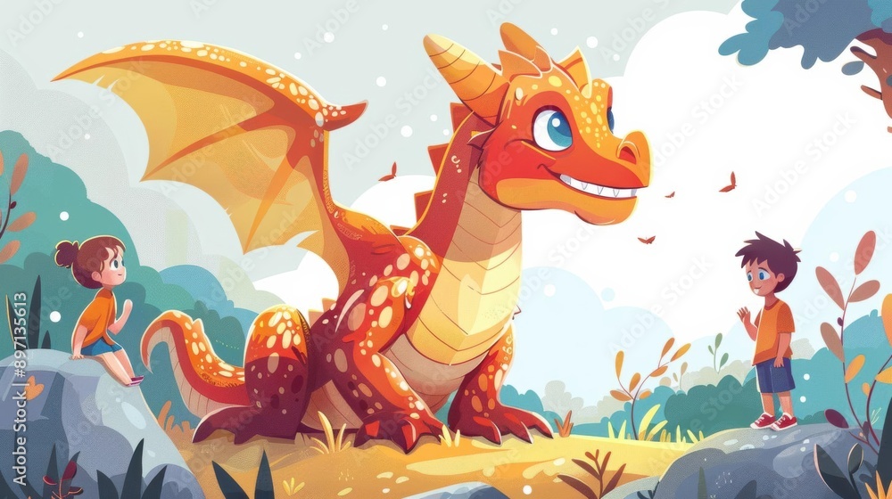 Fototapeta premium Animated children meeting a friendly orange dragon in a whimsical forest setting. Perfect for storybook illustrations and children's media.