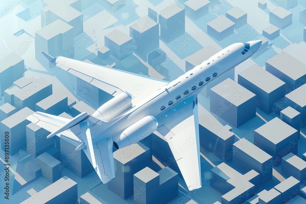 Obraz premium Aerial view of a city with towering buildings and a white jetliner flying overhead