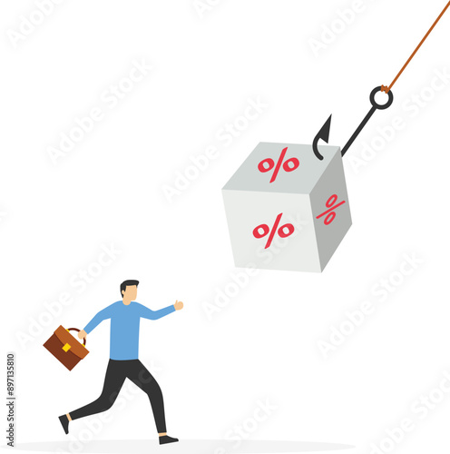 Cube block with percentage on fishing hook. Interest, financial and mortgage rates. Modern vector illustration in flat style

