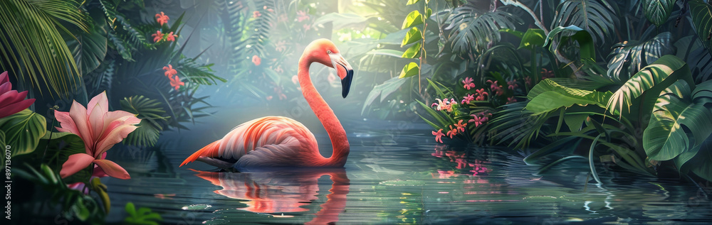 Fototapeta premium A vibrant pink flamingo gracefully swims through a tranquil lagoon, surrounded by lush tropical foliage and blooming flowers, symbolizing tranquility, beauty, and the vibrant colors of nature.