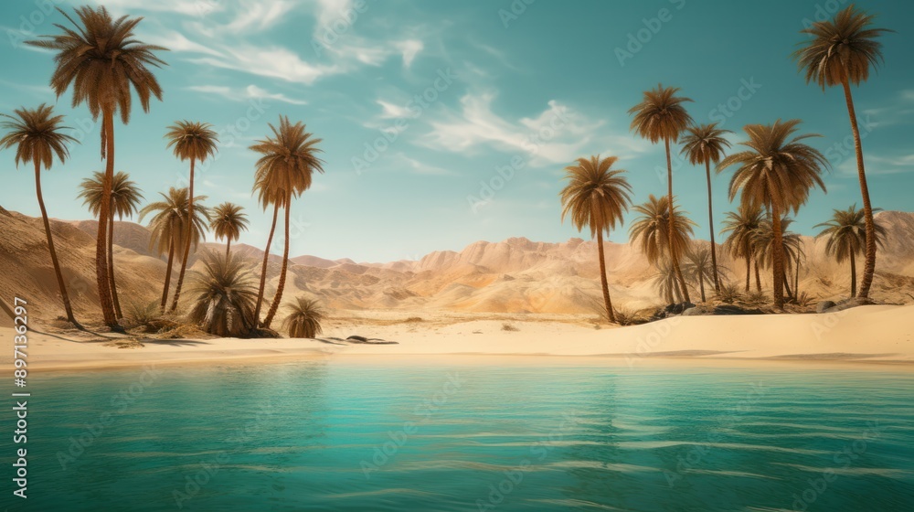 Obraz premium photograph of a secluded turquoise oasis nestled amidst towering sand dunes, with palm trees swaying gently in the breeze