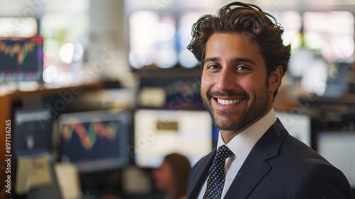 Confident Trader: A successful stockbroker beams with confidence and a genuine smile, surrounded by monitors displaying financial data in a bustling trading floor.  