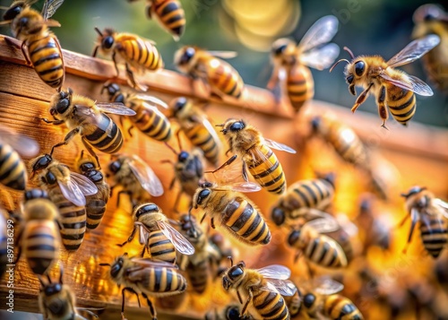 Busy bees swarm around honey-filled frames of a thriving beehive, their striped bodies a blur as they tend to their sweet treasure in a state of frenzy. photo