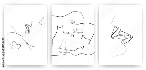 Kisses of lovers One line drawing posters print covers set.Young people kissing hand drawn wall decor composition in Minimal line art style.Love and relationships concept illustration.Vector graphics