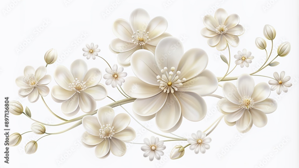 Delicate white flowers with intricate petals and gentle curves isolated on a pure white background, ideal for overlay or composition with transparent PNG. Delicate white flowers with intricate petals and gentle curves isolated on a pure white background, ideal for overlay or composition with transparent PNG.