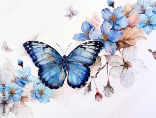 Watercolor Blue Butterfly with Wildflowers, Generative AI Illustration