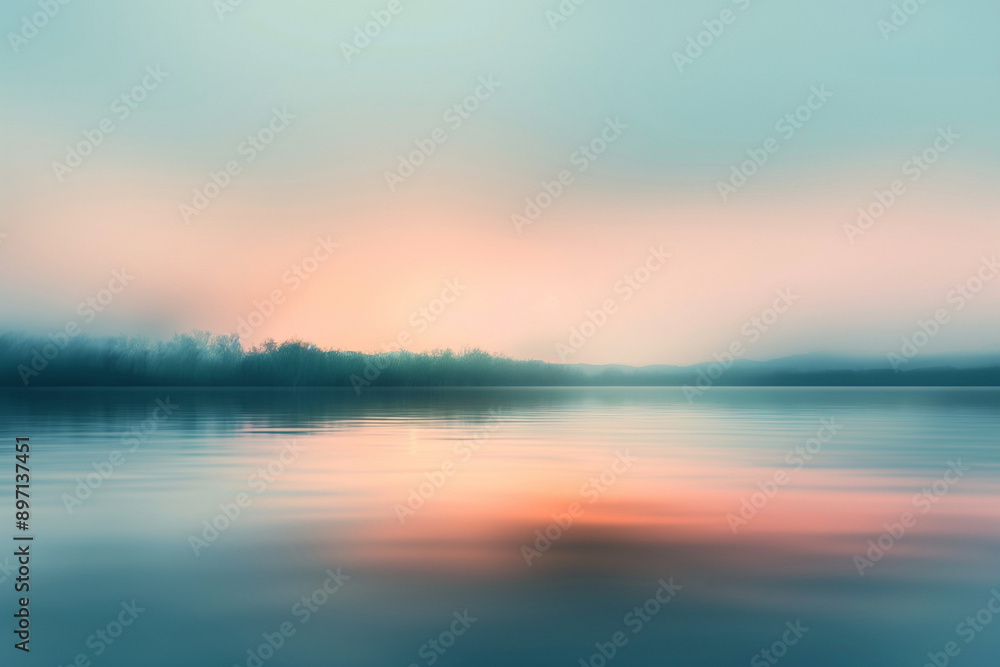 Fototapeta premium Blurred Sunset Over a Calm Lake, Capturing Soft Colors and Serene Atmosphere, Concept of Tranquility and Beauty. Generative AI