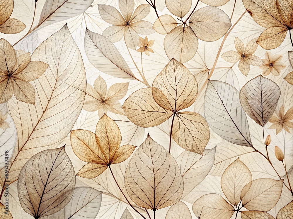 Delicate beige transparent leaves with intricate natural texture and veins provide a serene neutral-colored botanical background or wallpaper with abstract flower petal details.