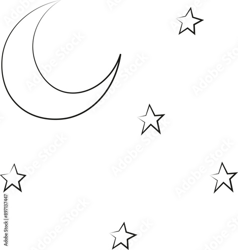 lineart vector illustration of a half moon and stars