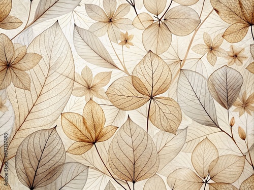 Obraz na płótnie Delicate beige transparent leaves with intricate natural texture and veins provide a serene neutral-colored botanical background or wallpaper with abstract flower petal details. w salonie