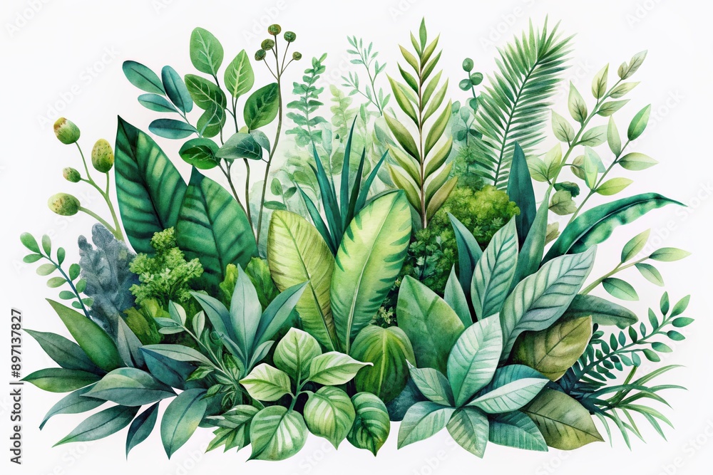 Vibrant watercolor illustration set featuring isolated green plants on white background, perfect for wedding invitation cards, stationery, and botanical designs, showcasing natural elegance. Vibrant watercolor illustration set featuring isolated green plants on white background, perfect for wedding invitation cards, stationery, and botanical designs, showcasing natural elegance.
