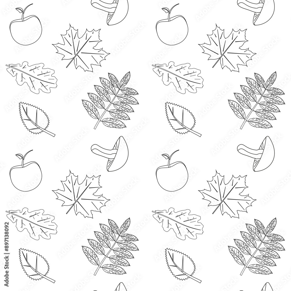 Fototapeta premium Detailed pattern of autumn leaves, apples, and mushrooms for coloring. Ideal for fall-themed creative activities for kids and adults.