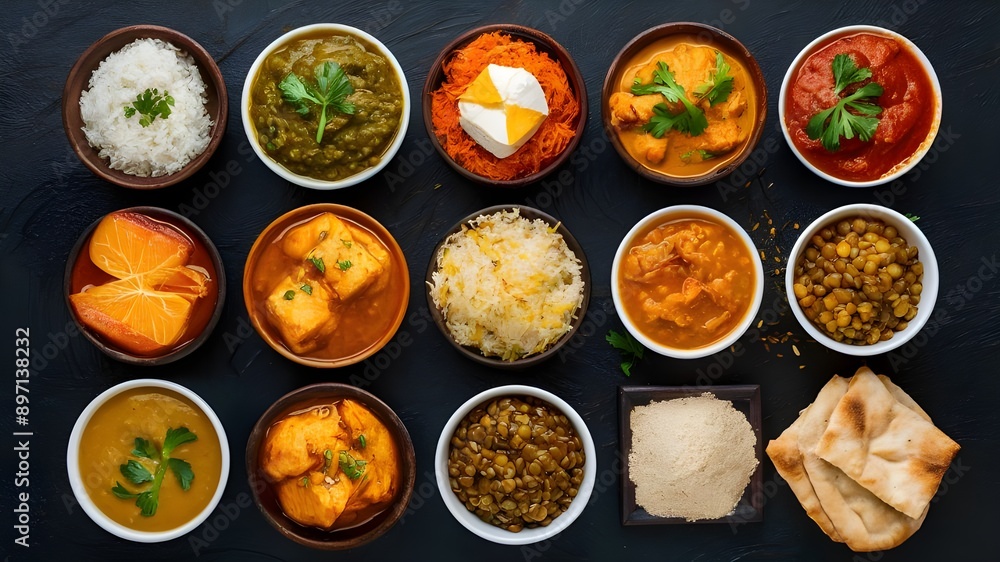 Authentic Indian Cuisine Variety on Rustic Background: Chicken Tikka Masala, Palak Paneer, Saffron Rice, Lentil Soup, Pita Bread, Spices. A top view of assorted traditional Indian dishes Authentic Indian Cuisine Variety on Rustic Background: Chicken Tikka Masala, Palak Paneer, Saffron Rice, Lentil Soup, Pita Bread, Spices. A top view of assorted traditional Indian dishes
