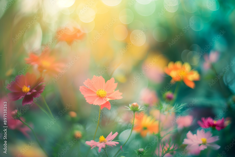 Flowers in the garden. Blurred Blooming Garden with Colorful Flowers, Soft Focus, Evoking Tranquility and Natural Beauty. Generative AI Flowers in the garden. Blurred Blooming Garden with Colorful Flowers, Soft Focus, Evoking Tranquility and Natural Beauty. Generative AI