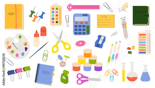 School supplies set. Cute school stationery and art set. Vector flat illustration in hand drawn style. Back to school