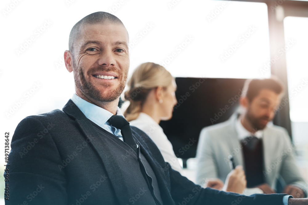 Happy businessman, confident or portrait in meeting for teamwork, investment or profit report. People, results or proud budget analyst in office for feedback review, planning or corporate project Happy businessman, confident or portrait in meeting for teamwork, investment or profit report. People, results or proud budget analyst in office for feedback review, planning or corporate project