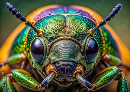 Vivid close-up of a beetle's head showcasing intricate segmented antennae, robust mandibles, and mesmerizing texture, highlighting nature's incredible attention to minute details.