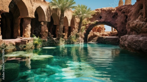photograph of an ancient turquoise oasis revered by nomadic tribes, its waters believed to possess healing powers © Prapan