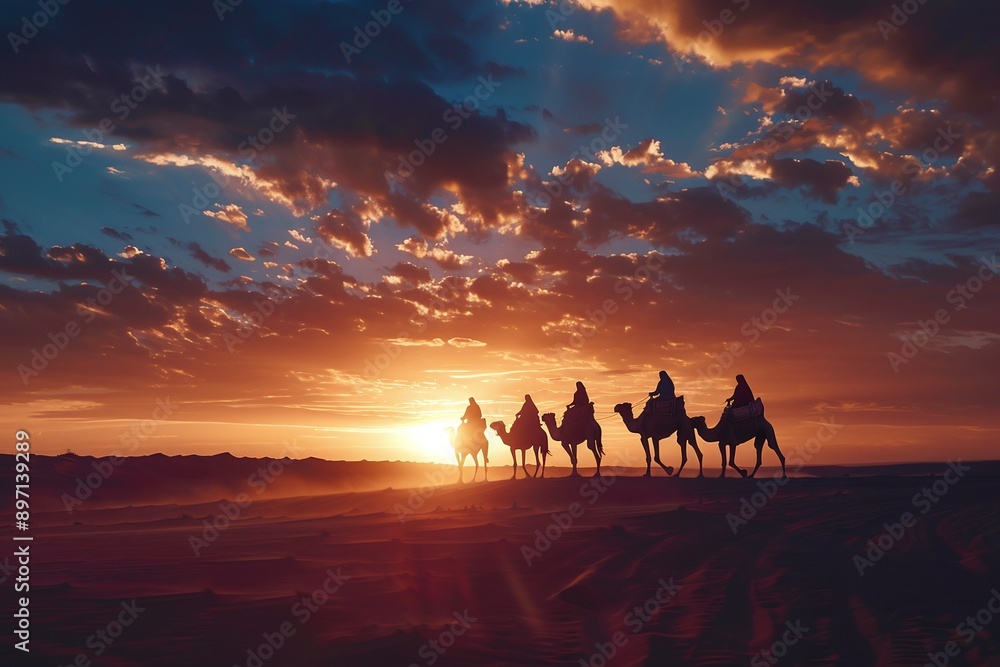 Fototapeta premium ai generative silhouette of a caravan of camels in the desert at sunset