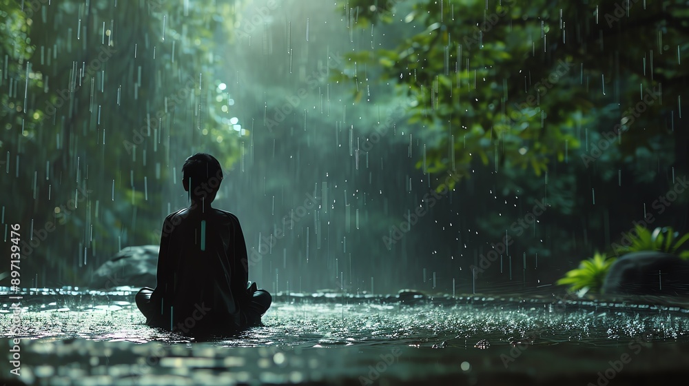 Gentle rain with a person enjoying quiet reflection, mental wellness, relaxation Gentle rain with a person enjoying quiet reflection, mental wellness, relaxation