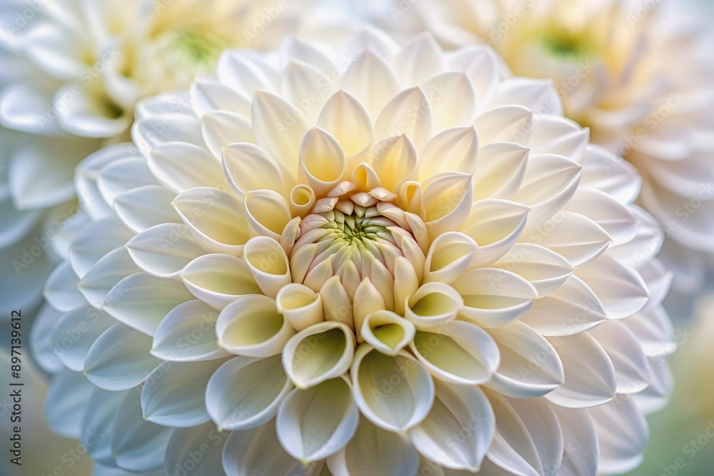 Delicate white petals of fresh blooming dahlia flower unfurl softly, showcasing intricate textures and gentle curves in a beautiful macro photography composition with ample copy space. Delicate white petals of fresh blooming dahlia flower unfurl softly, showcasing intricate textures and gentle curves in a beautiful macro photography composition with ample copy space.