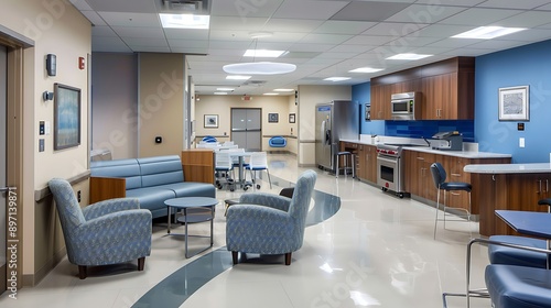 Contemporary hospital break room with modern appliances and comfortable furniture