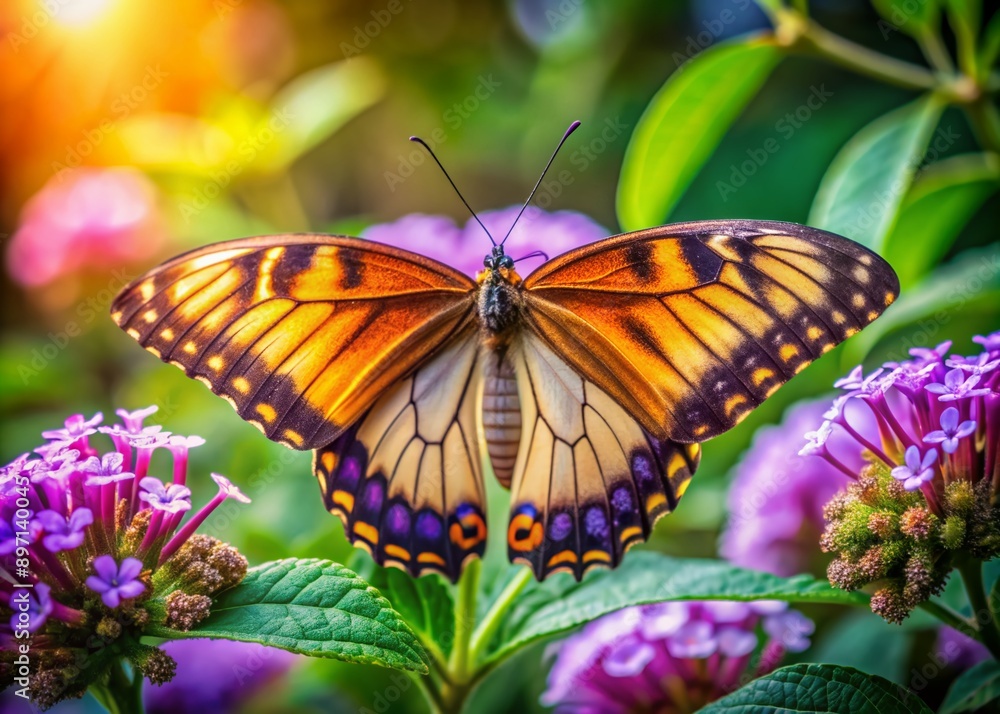 Obraz premium Delicate butterfly with intricate wings perches on a vibrant purple flower, surrounded by lush green leaves, in a warm and inviting natural environment.
