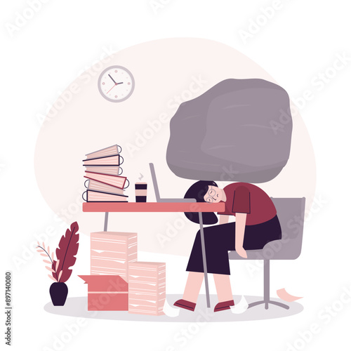 Office worker swamped with work. Giant stone on shoulders of businesswoman. Tired girl sleeping at workplace. Overload, burnout, hard work in office.